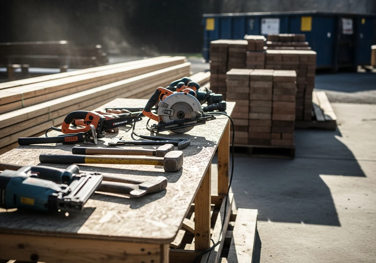 Renovation crew tools and materials on a job site, ready for framing and demolition work.
