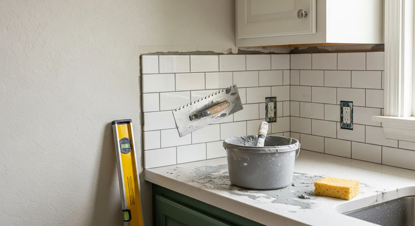 A freshly installed kitchen backsplash tile job by Omar Property Renovation LLC, showing straight grout lines and clean tile edges above a countertop in a residential home within the 45-minute service area. The tile runs from the countertop surface up to the underside of the upper cabinets with no gaps or lippage visible.