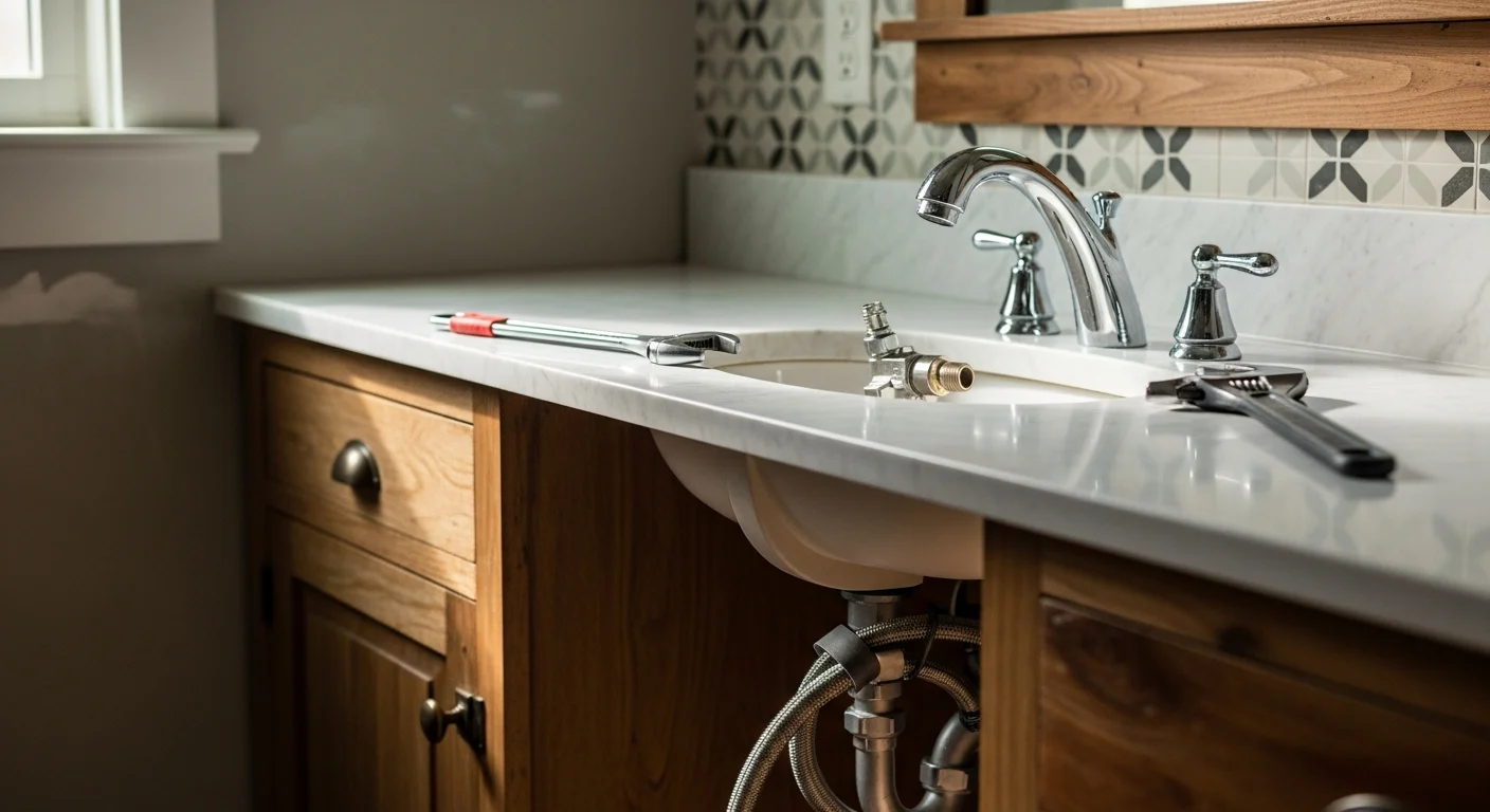 A newly installed bathroom vanity faucet and undermount sink with clean supply line connections, completed by Omar Property Renovation LLC in a residential bathroom remodel. The finished fixture sits flush against a tiled backsplash with no visible gaps or caulk irregularities.