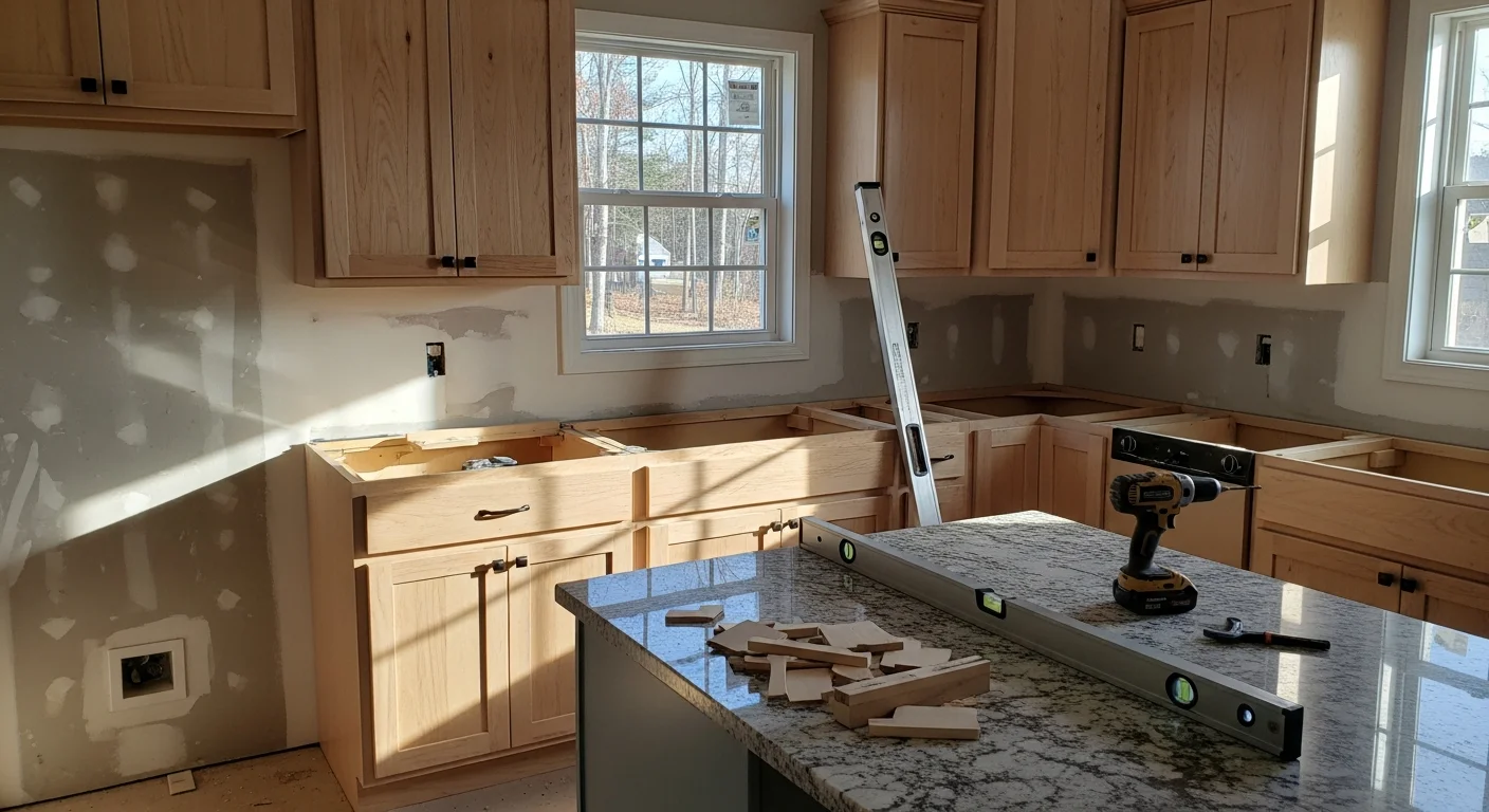 Newly installed upper and lower kitchen cabinets with aligned doors and clean trim, completed by Omar Property Renovation LLC. The finished kitchen shows flush cabinet faces, open drawer hardware, and smooth wall-to-cabinet transitions.
