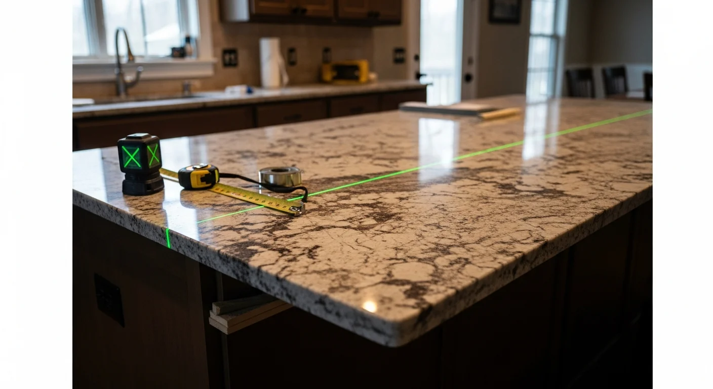 Newly installed kitchen countertop with clean edge detail and flush sink cutout, completed by Omar Property Renovation LLC for a homeowner within the 45-minute service area. The surface sits level across full-length cabinet runs in a residential kitchen remodel.