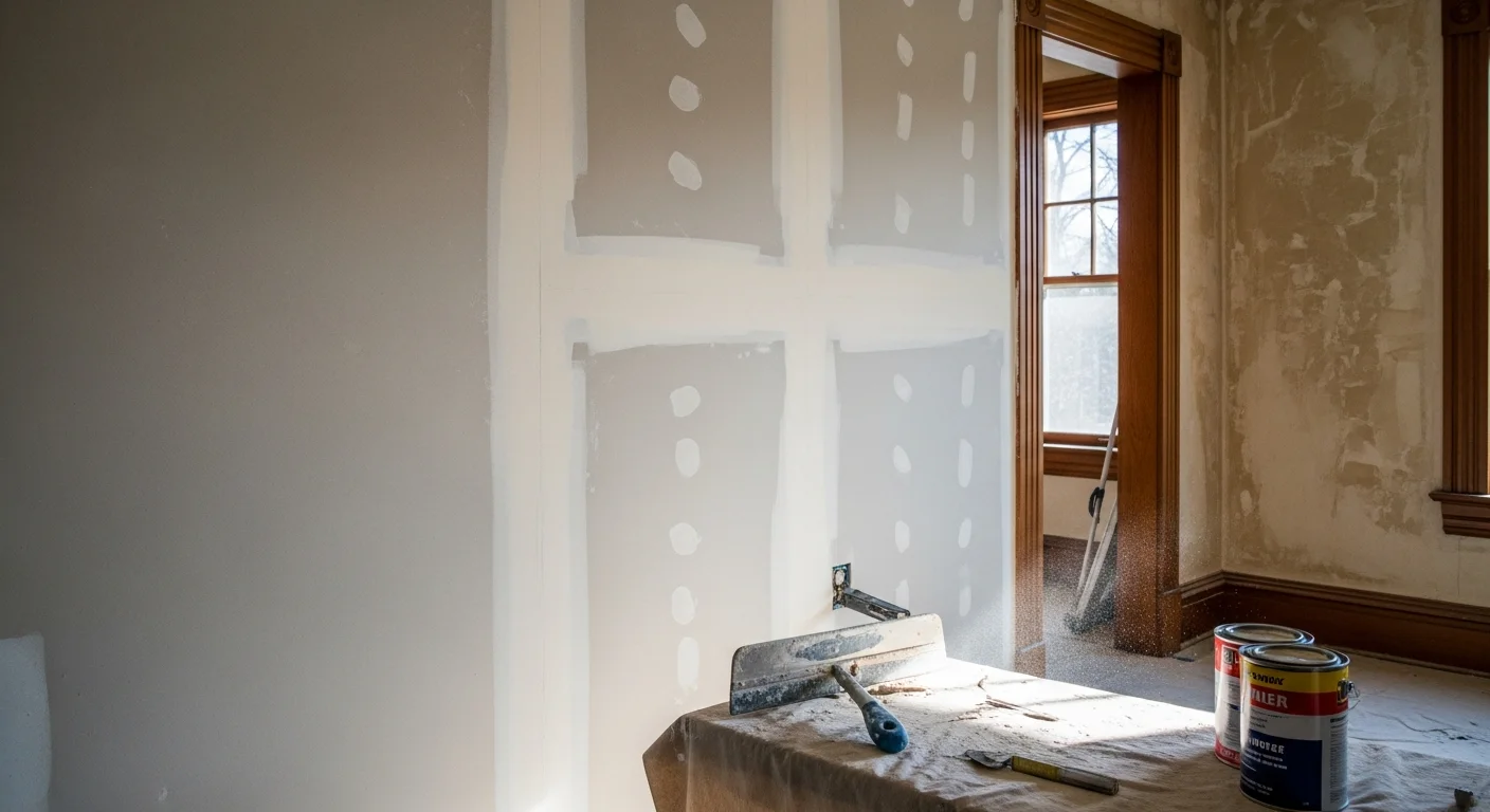 Interior wall with smooth drywall finishing and fresh paint applied by Omar Property Renovation LLC. Close view shows clean seams, even sheen, and no visible joint lines on a residential room wall.