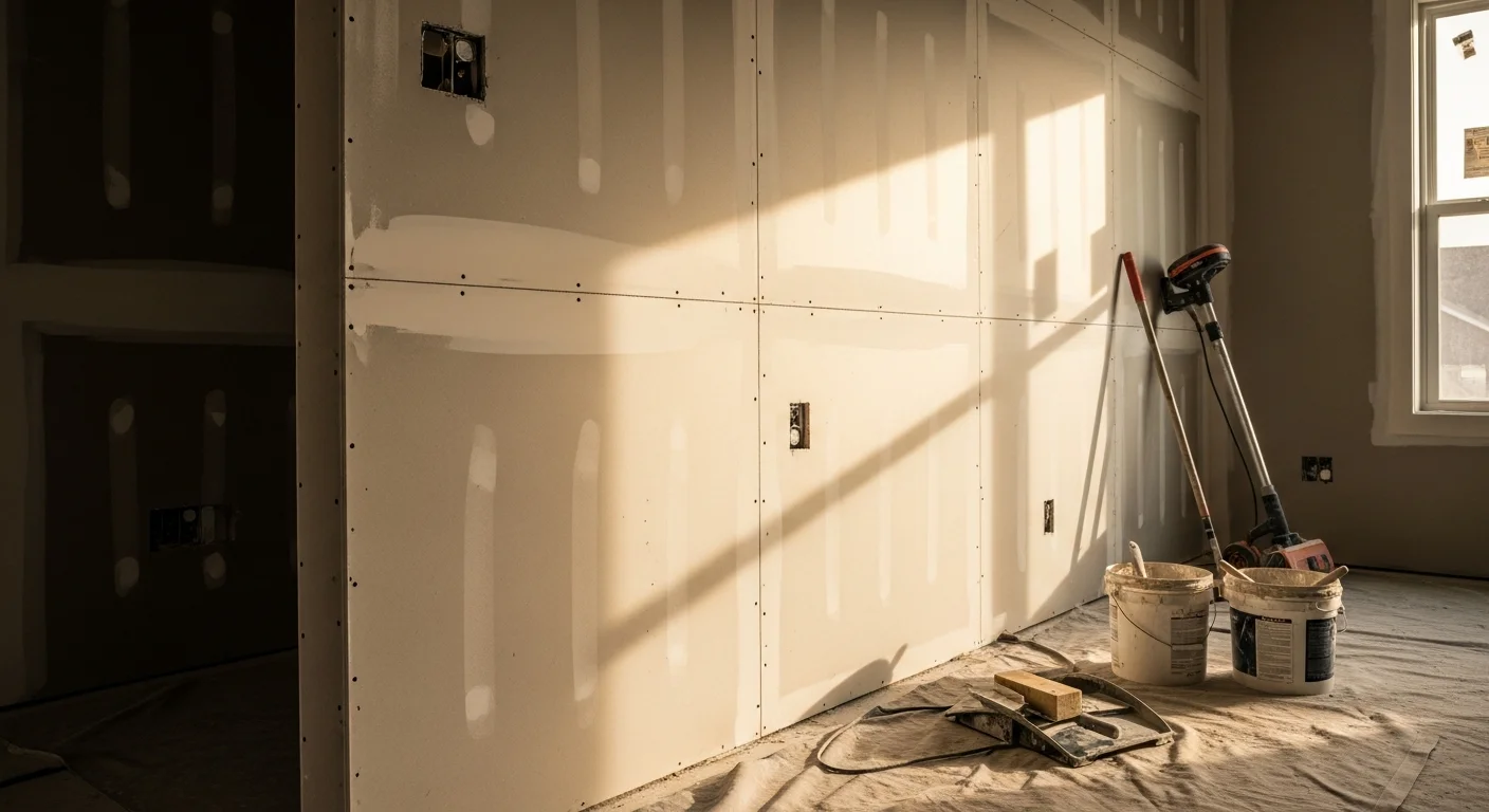 A freshly finished interior room showing smooth, seam-free drywall walls and ceiling ready for paint, completed by Omar Property Renovation LLC for a homeowner within the 45-minute service area. The space shows clean corners, flat surfaces, and no visible tape lines or joint compound ridges.