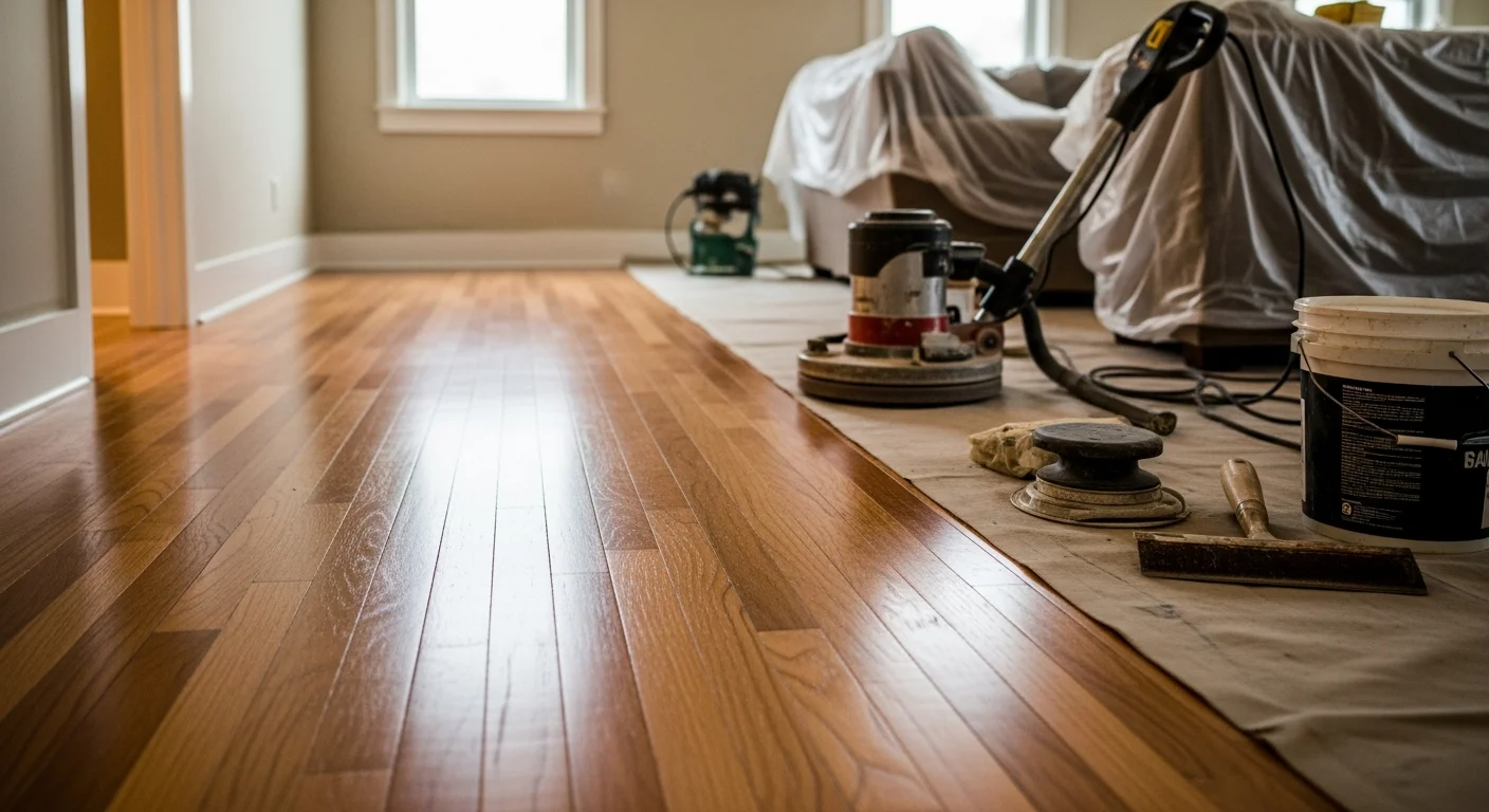 A freshly finished residential floor inside a home serviced by Omar Property Renovation LLC, showing a smooth, even surface with a clean protective coat. The room reflects natural light across the floor, highlighting the results of professional floor finishing work.