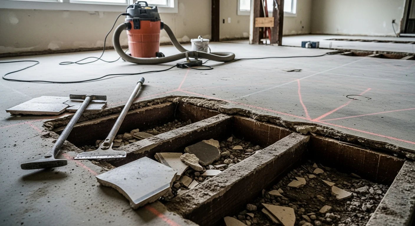 A residential room mid-flooring removal showing a cleared concrete subfloor after old tile and thinset have been stripped away. An Omar Property Renovation LLC crew member surveys the exposed subfloor surface in preparation for new flooring installation.