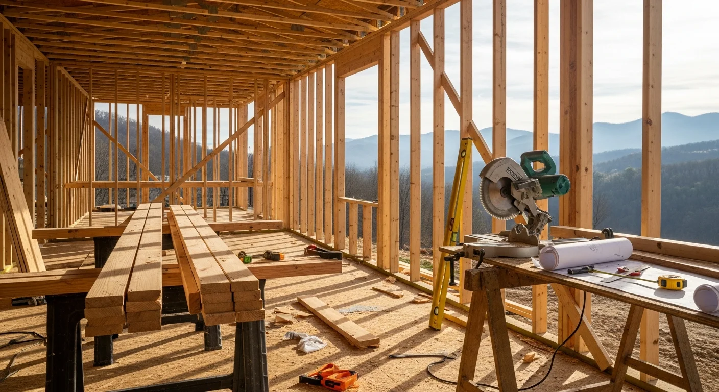 A framed interior room addition under construction at a residential property in the Sarasota area, showing exposed wall studs, a rough door opening, and floor framing ready for the next stage of renovation. Omar Property Renovation LLC general contractor crew visible in the background reviewing the build.