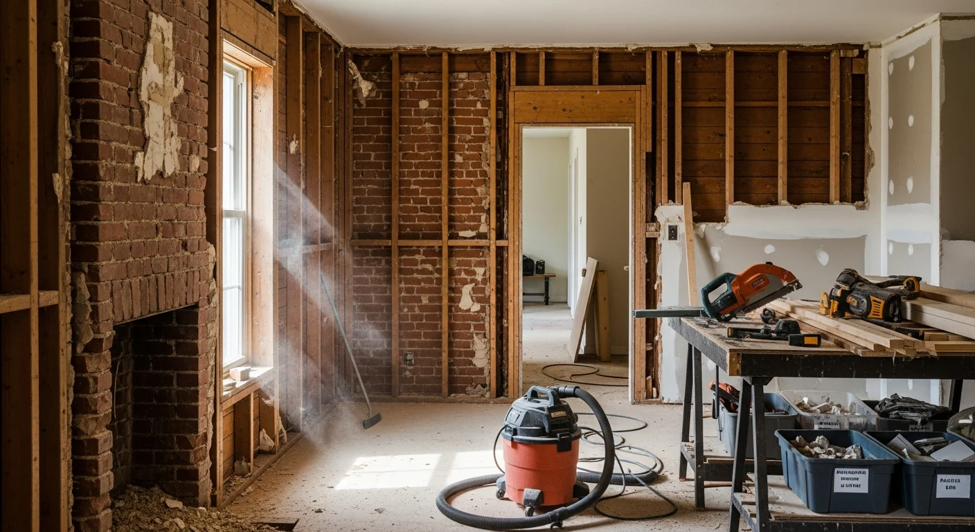 Interior of a residential property mid-demolition, with non-load-bearing walls removed and flooring stripped down to the subfloor, showing exposed framing and cleared debris. Omar Property Renovation LLC interior demolition work within the 45-minute service radius.