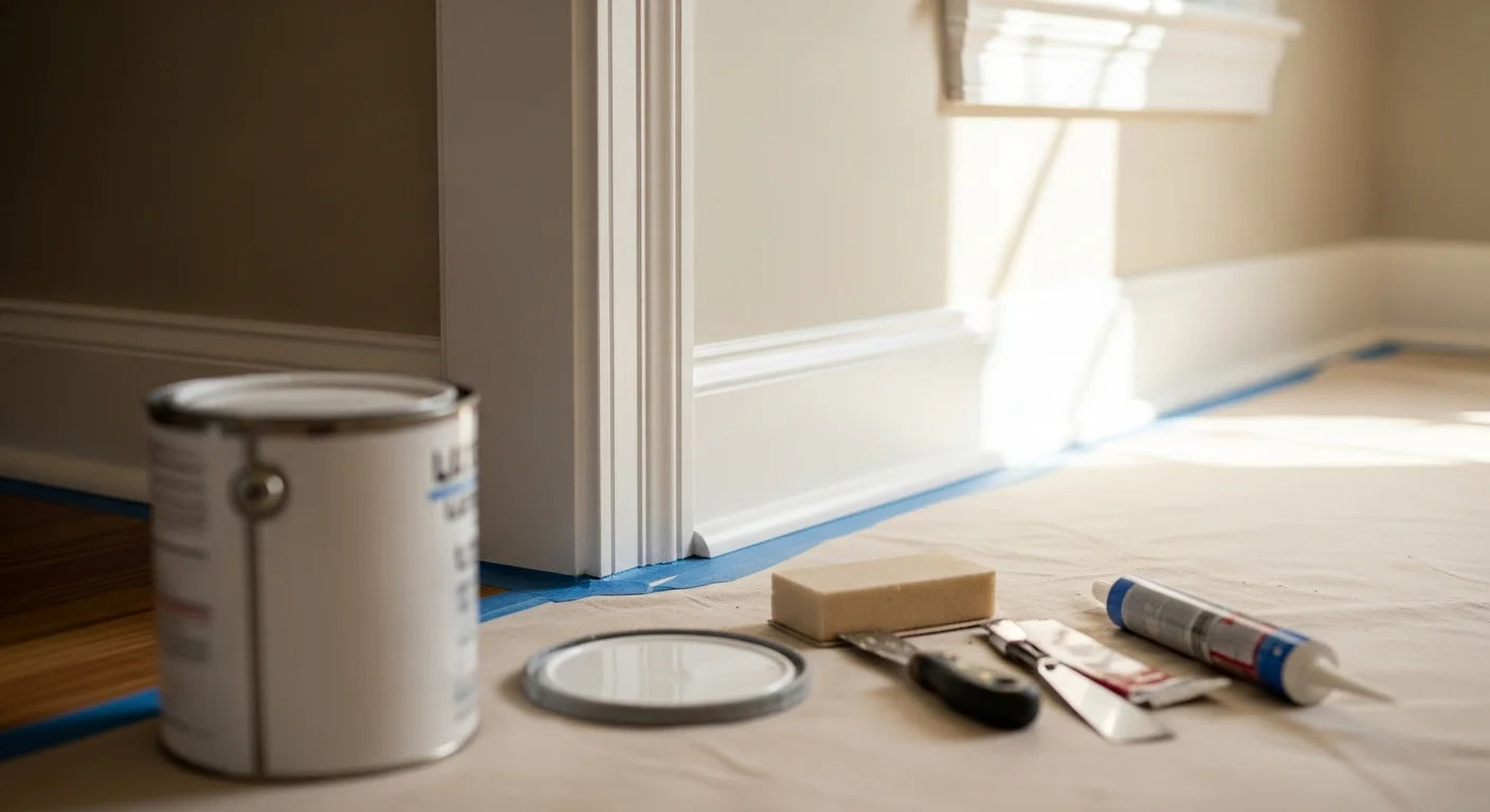 Freshly painted white semi-gloss baseboards and door casings in a residential living room, showing clean edges where the trim meets the wall and hardwood floor. Interior trim painting completed by Omar Property Renovation LLC for a homeowner in the local service area.