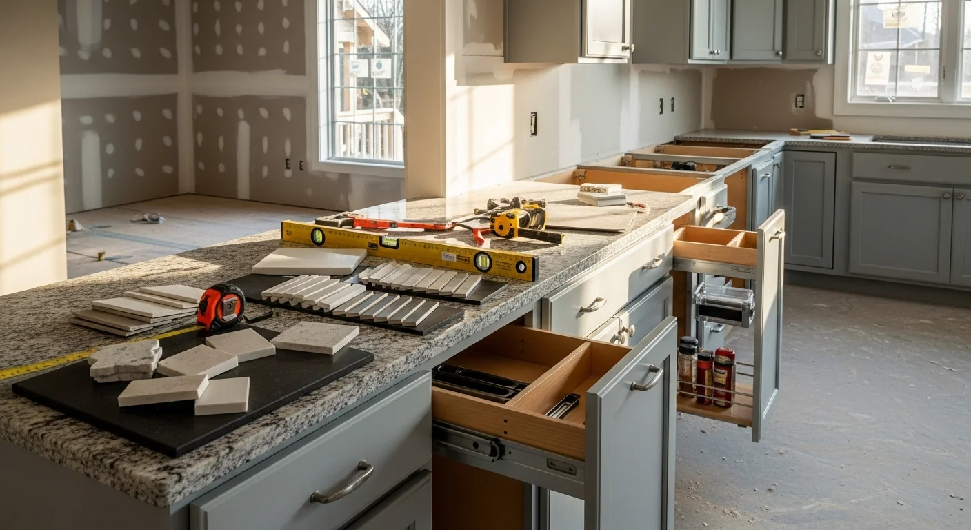 A fully remodeled kitchen completed by Omar Property Renovation LLC, showing new cabinetry, updated countertops, and reconfigured layout in a residential home within the 45-minute service area. The space reflects a clean, functional design built for everyday household use.