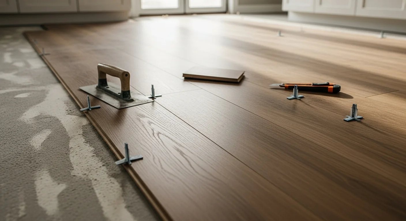 Freshly installed luxury vinyl plank flooring in a residential living room, showing clean plank rows and a smooth transition to an adjacent room. Omar Property Renovation LLC completed this LVP installation for a homeowner within the 45-minute service area.