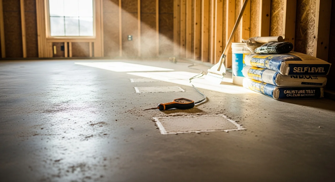 A flooring contractor applying self-leveling compound to a concrete subfloor inside a residential home, smoothing the surface in preparation for new flooring installation. The subfloor is clean, cleared of debris, and ready for the next phase of the project.