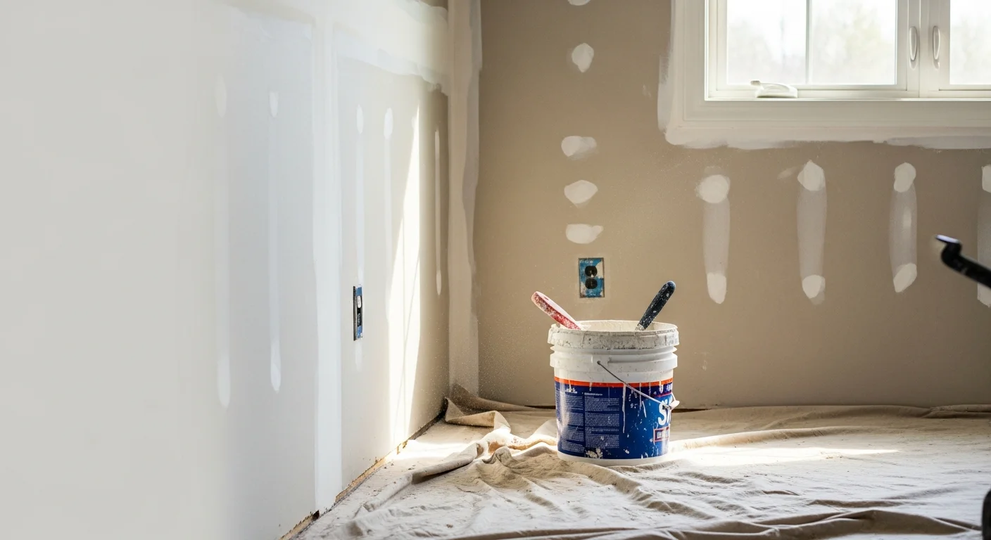 A painter from Omar Property Renovation LLC sanding and priming a wall inside a residential property before the topcoat is applied. The surface shows freshly patched areas and smooth, prepped drywall ready for painting.