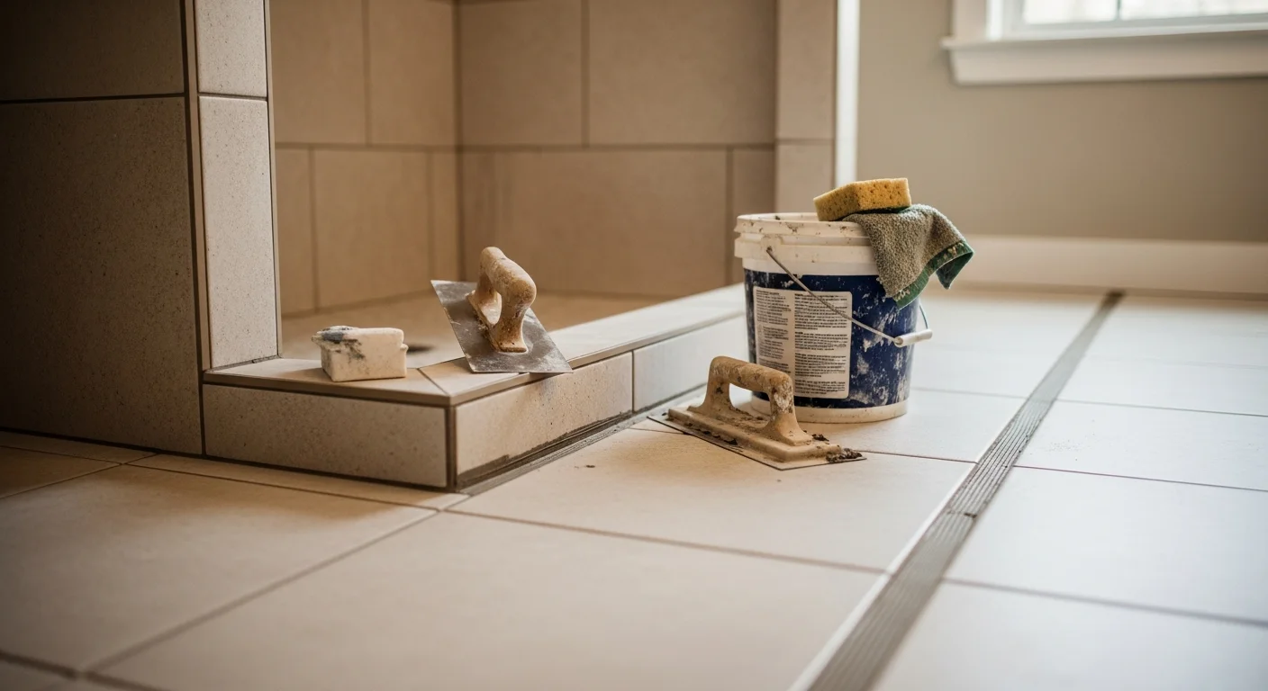 Freshly installed floor and wall tile in a remodeled bathroom, showing tight grout lines and clean edge trim. Work completed by Omar Property Renovation LLC for a homeowner within the 45-minute service area.